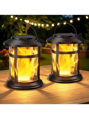 2 Pack Waterproof Solar Lanterns - Flickering Flame Hanging Lights for Garden
